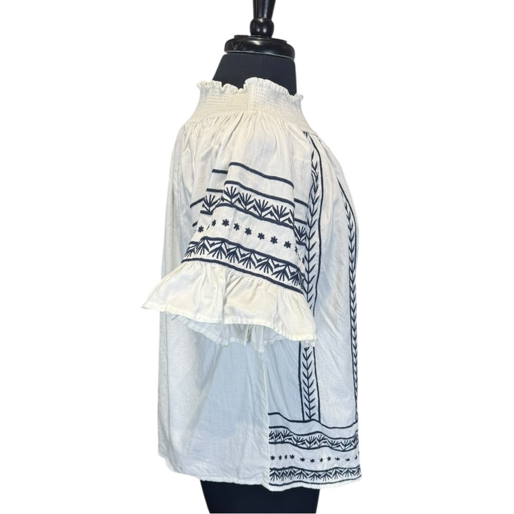 White & Navy Embroidered Cotton Smocked Bohemian Peasant Blouse Size XS - Picture 2 of 5
